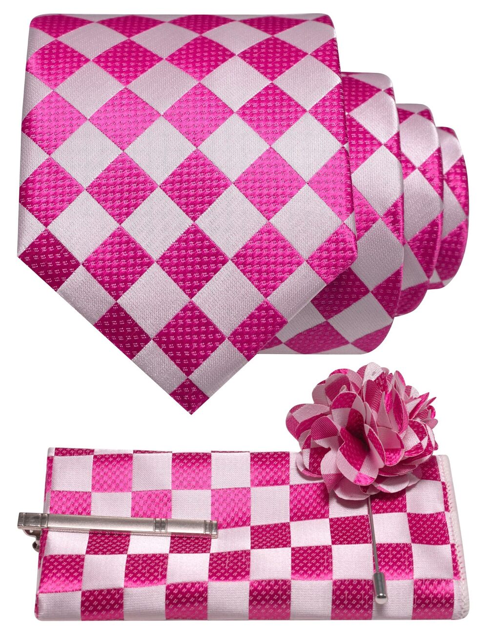 9970 Hot Pink Plaid Tie and Lapel Pin Necktie Pocket Square with Tie Clip